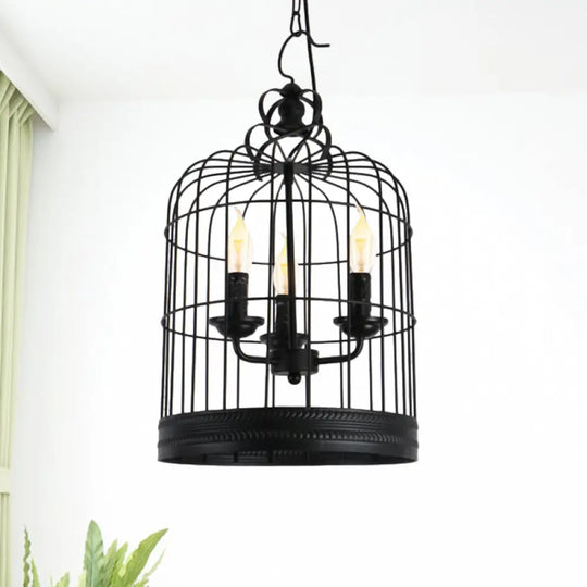 Antique-Style Black Iron Birdcage Pendant Light With 3 Lights - Restaurant Ceiling Fixture Candle