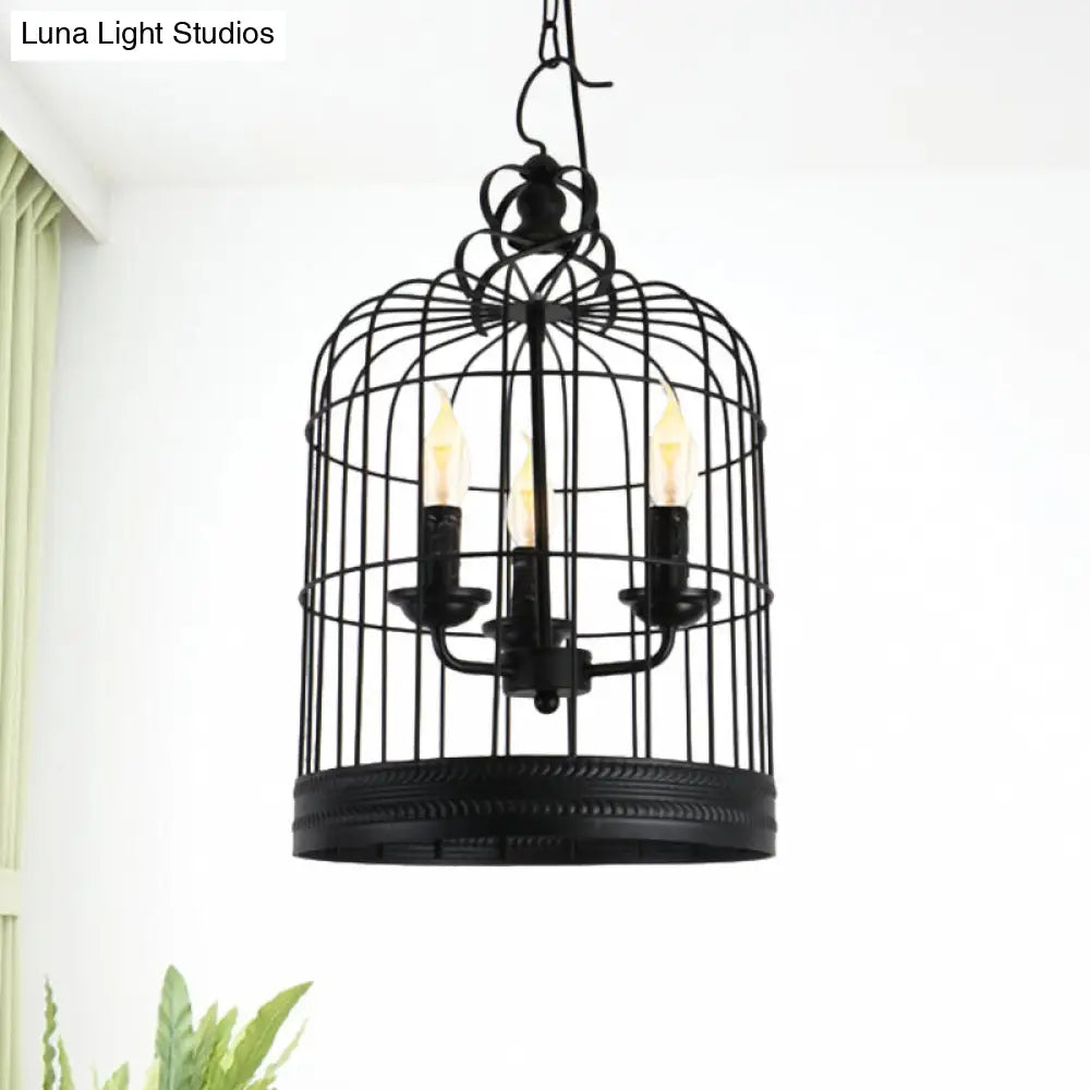 Antique Style Iron Pendant Light With Black Birdcage Shade And 3 Candle Design Lights For