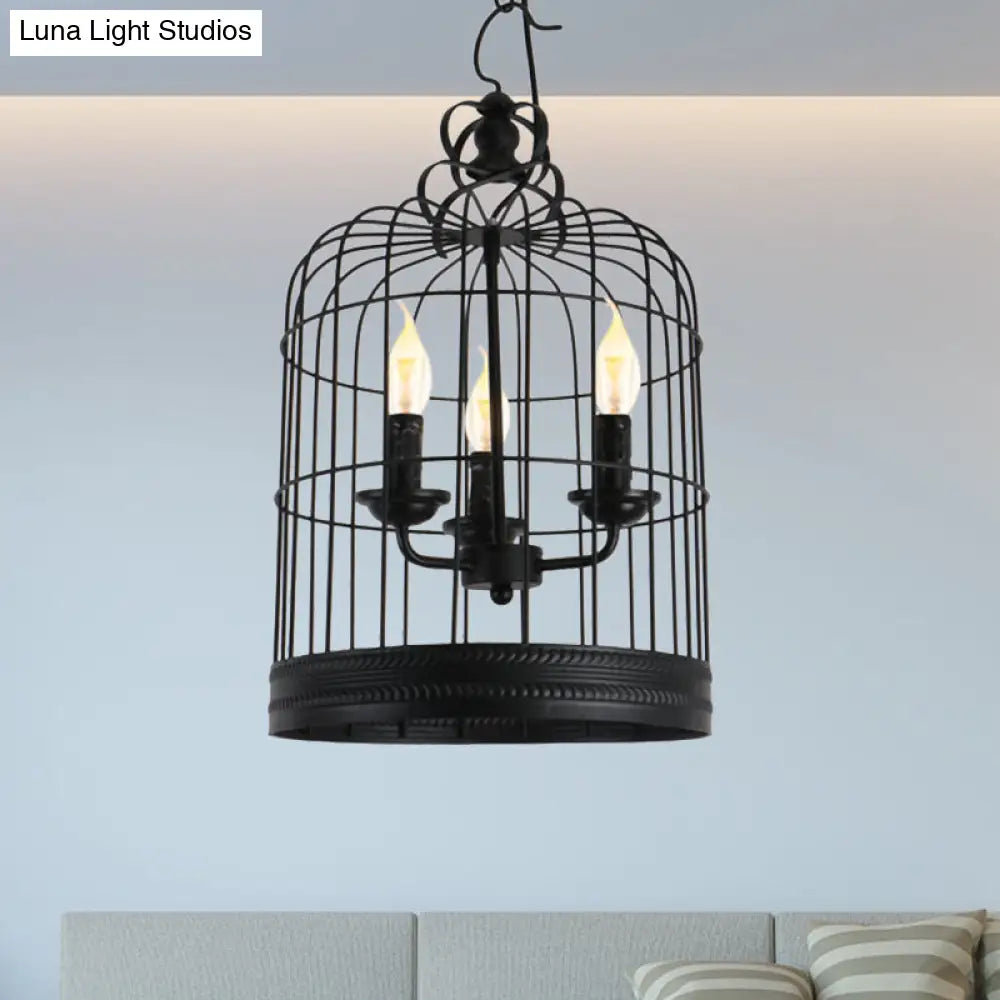 Antique Style Iron Pendant Light With Black Birdcage Shade And 3 Candle Design Lights For