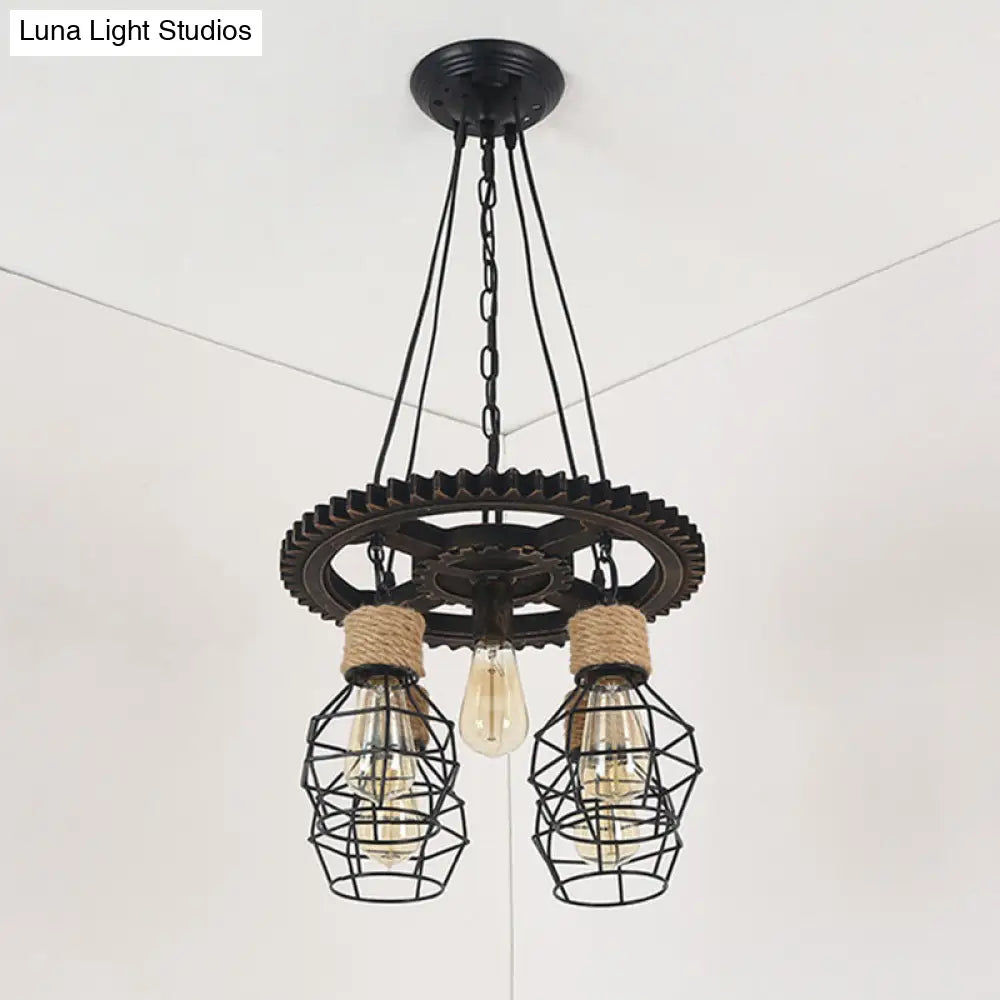 Antique Stylish Black Finish Iron Pendant Light Fixture - 5/7-Head Wire Guard Suspended Lamp With