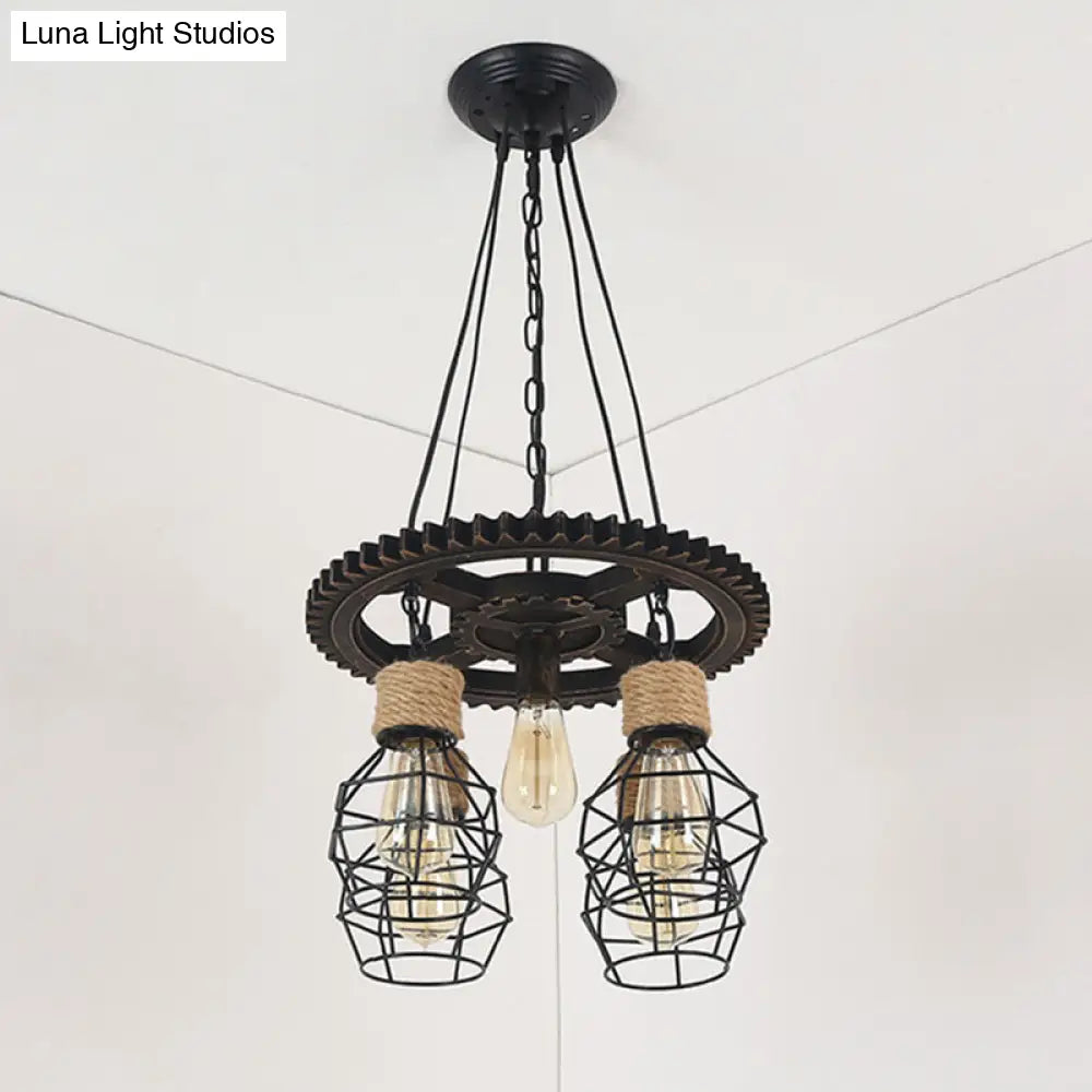 Antique Style Black Iron Pendant Light With Wire Guard - 5/7-Head Suspended Lamp Fixture
