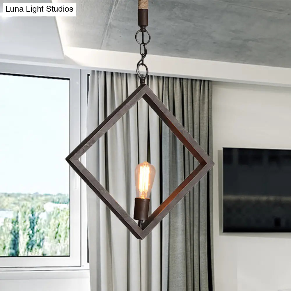 Antique-Style Black Metal Ceiling Light With Rope - Squared Frame 1 Indoor Fixture