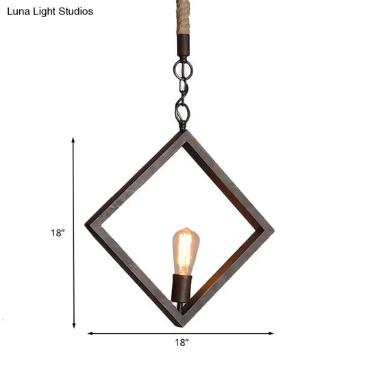 Antique-Style Black Metal Ceiling Light With Rope - Squared Frame 1 Indoor Fixture