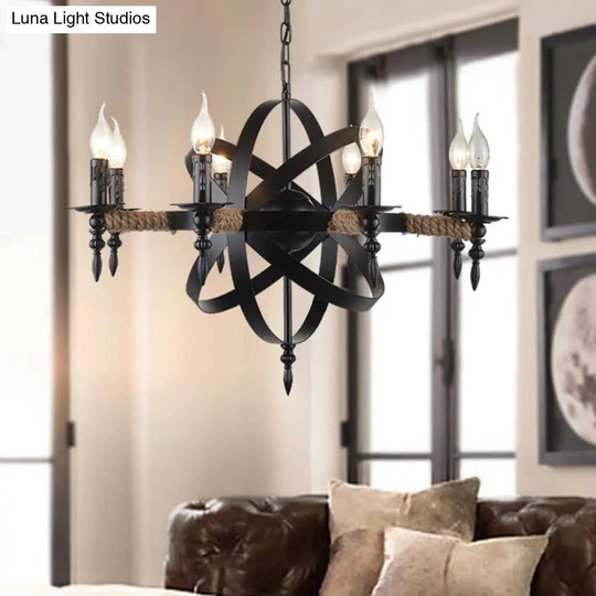 Antique Style Metal Chandelier - 8-Light Orbit Cage Pendant Lamp Black Finish For Living Room