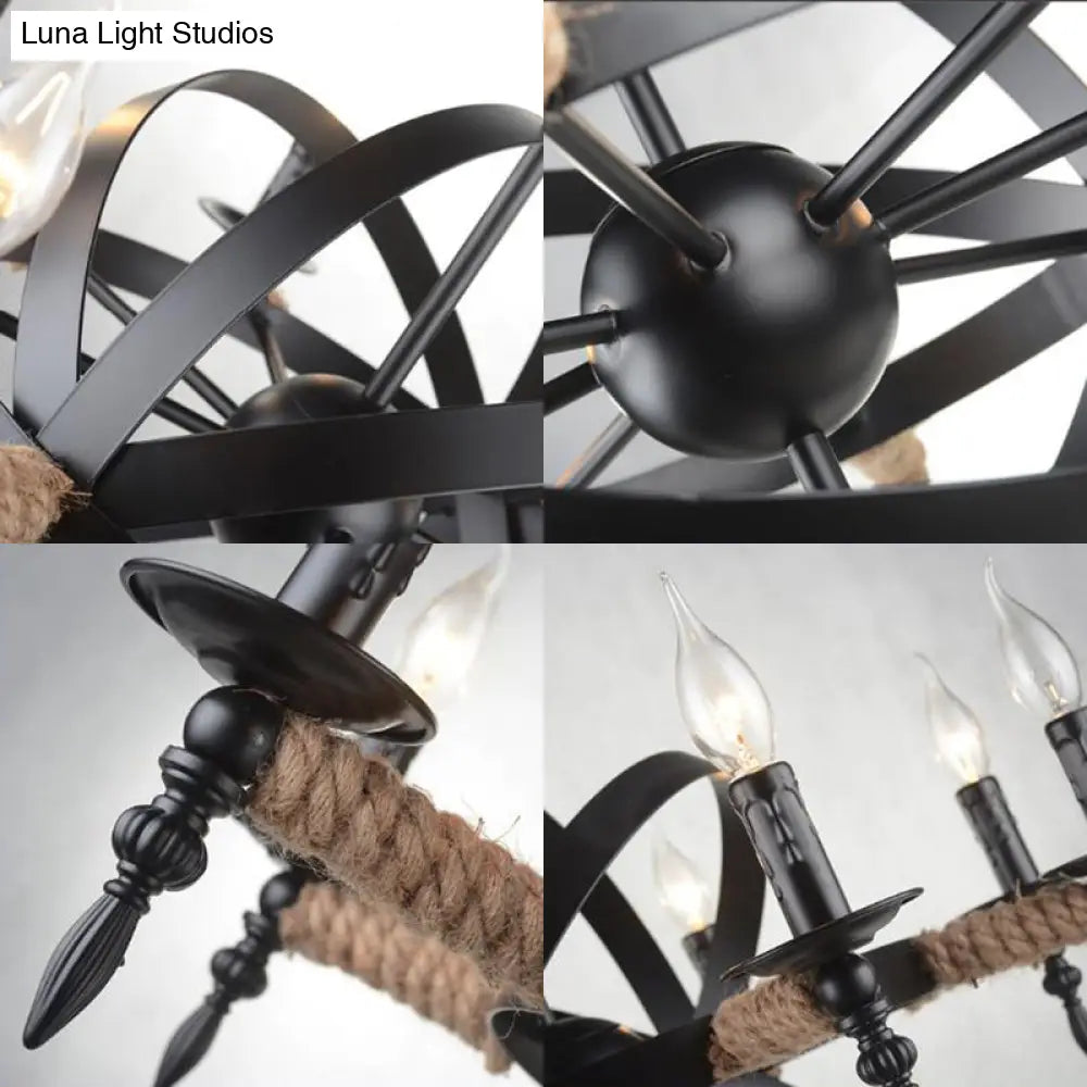 Antique-Style Black Metal Chandelier Lamp: Orbit Cage Design With 8 Candle Lights For Living Room