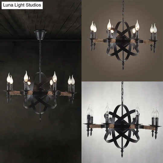 Antique-Style Black Metal Chandelier Lamp: Orbit Cage Design With 8 Candle Lights For Living Room