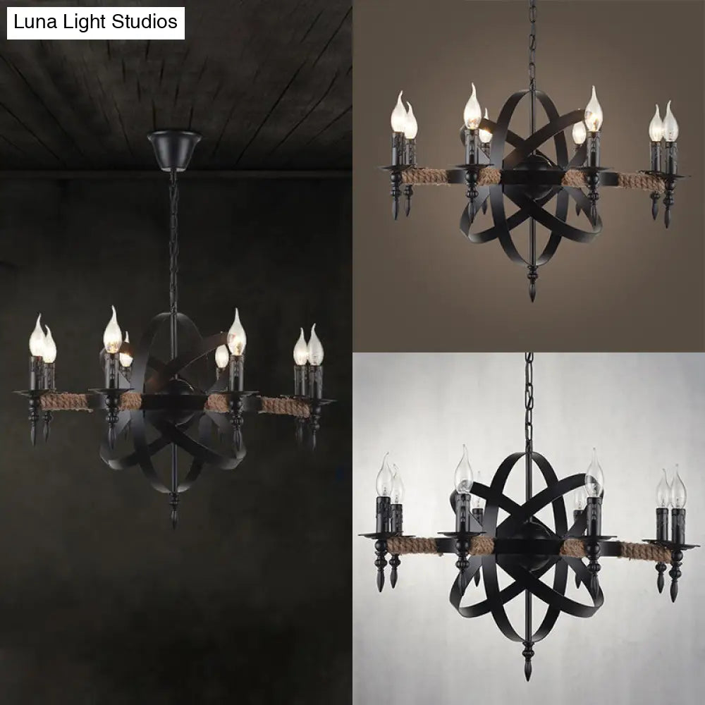 Antique Style Metal Chandelier - 8-Light Orbit Cage Pendant Lamp Black Finish For Living Room