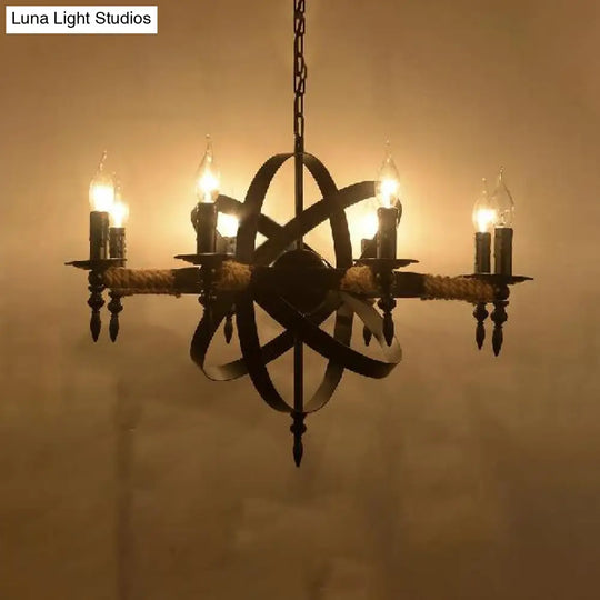 Antique-Style Black Metal Chandelier Lamp: Orbit Cage Design With 8 Candle Lights For Living Room