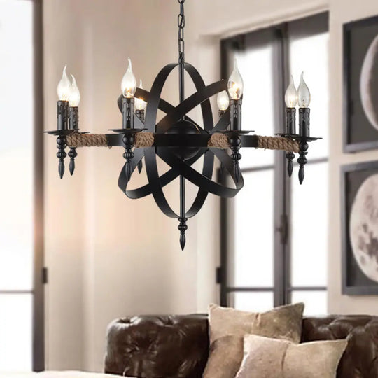 Antique-Style Black Metal Chandelier Lamp: Orbit Cage Design With 8 Candle Lights For Living Room