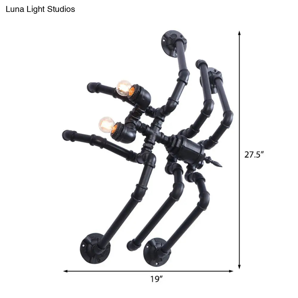 Antique Style Black Spider Wall Lamp: Metallic Water Pipe Design 2 Bulbs For Stairway