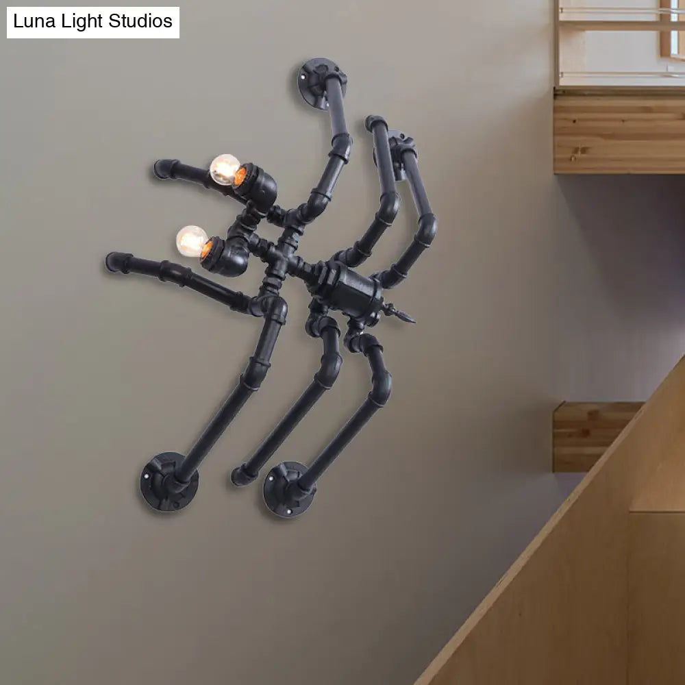 Antique Style Black Spider Wall Lamp: Metallic Water Pipe Design 2 Bulbs For Stairway