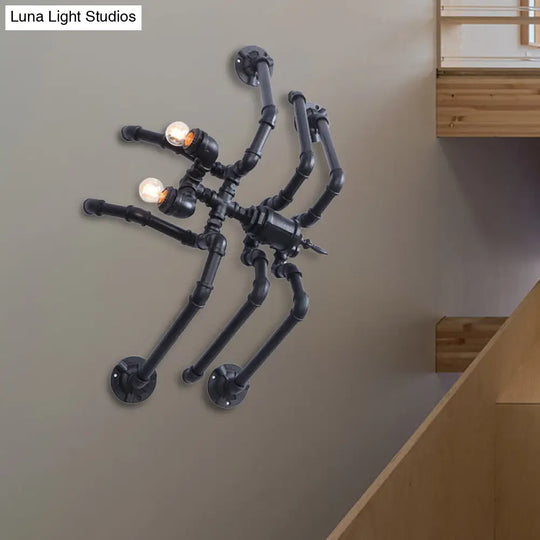 Antique Style Black Spider Wall Lamp: Metallic Water Pipe Design 2 Bulbs For Stairway