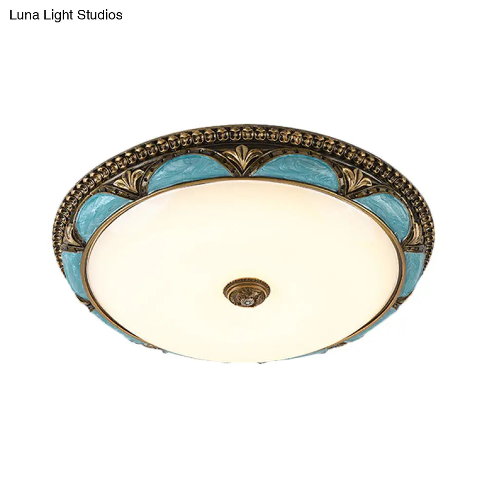 Antique - Style Blue Floral Ceiling Lamp - Cream Glass Led Bedroom Flush Mount