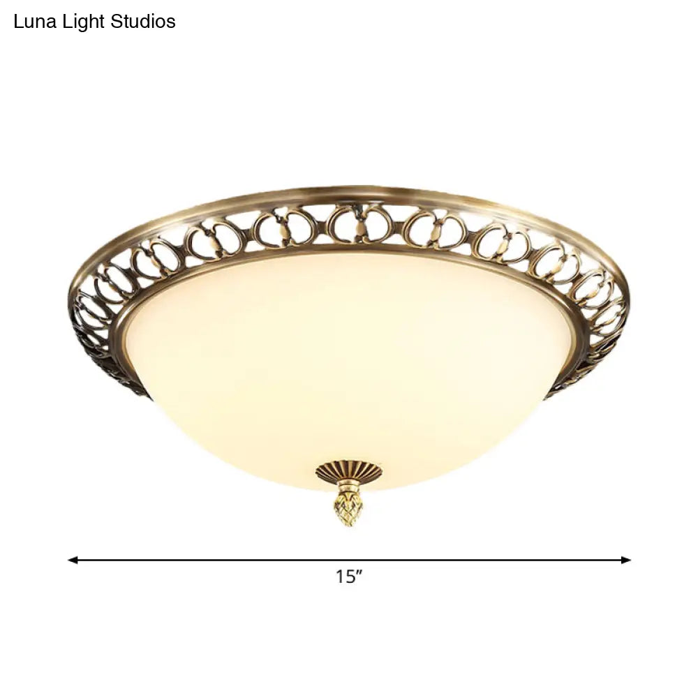 Antique Style Brass Finish 2 - Head Ceiling Mount Light With Frosted Glass Dome - 13’/15’/19.5’ Wide