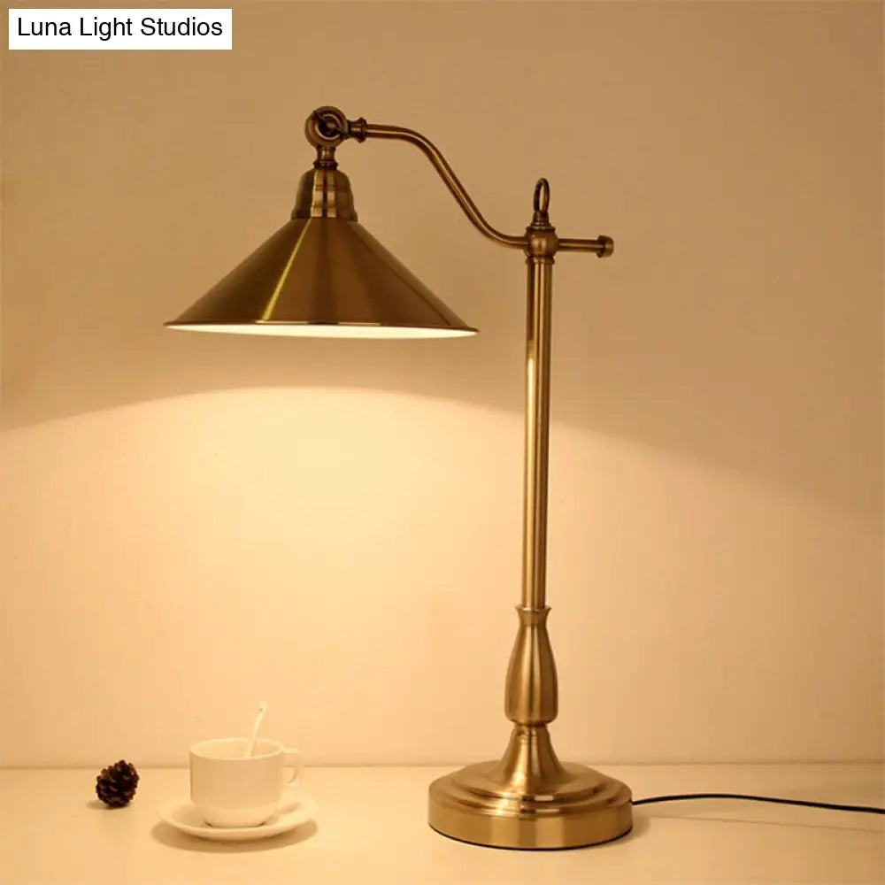 Antique-Style Bronze Conical Table Lamp With Rotary Joint: Metal Bedside Night Light