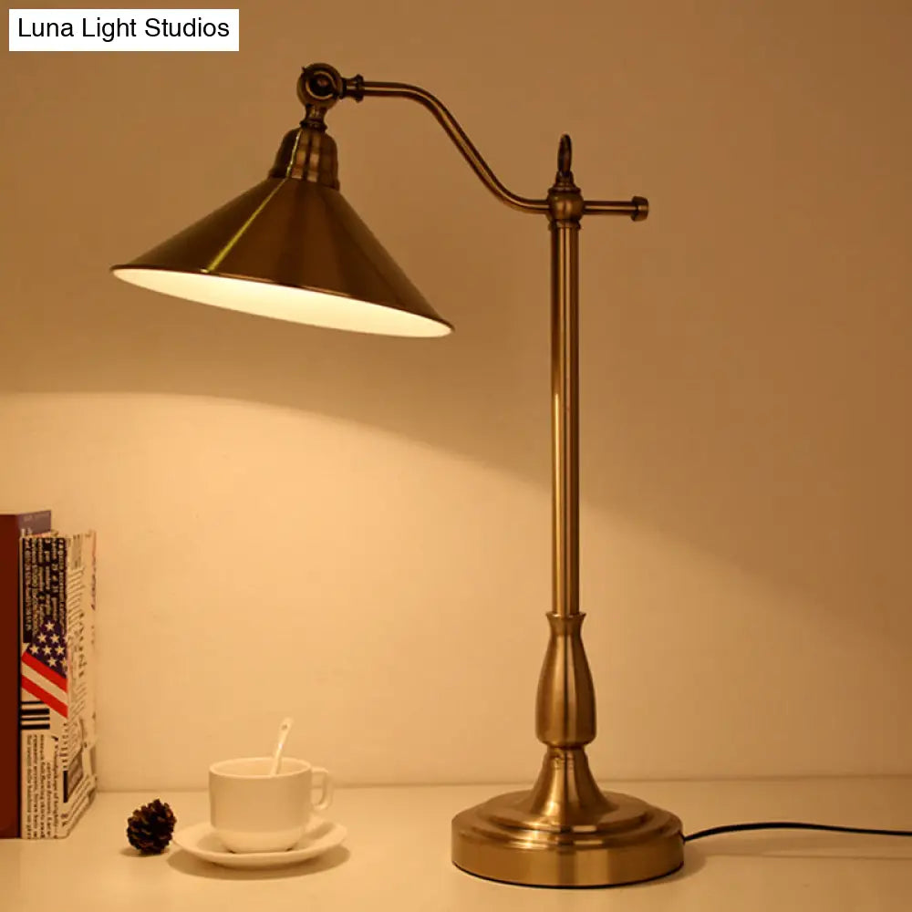 Antique-Style Bronze Conical Table Lamp With Rotary Joint: Metal Bedside Night Light