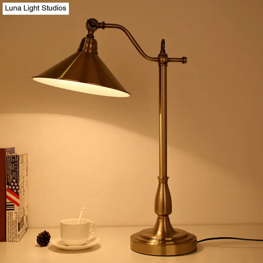 Antique-Style Bronze Conical Table Lamp With Rotary Joint: Metal Bedside Night Light