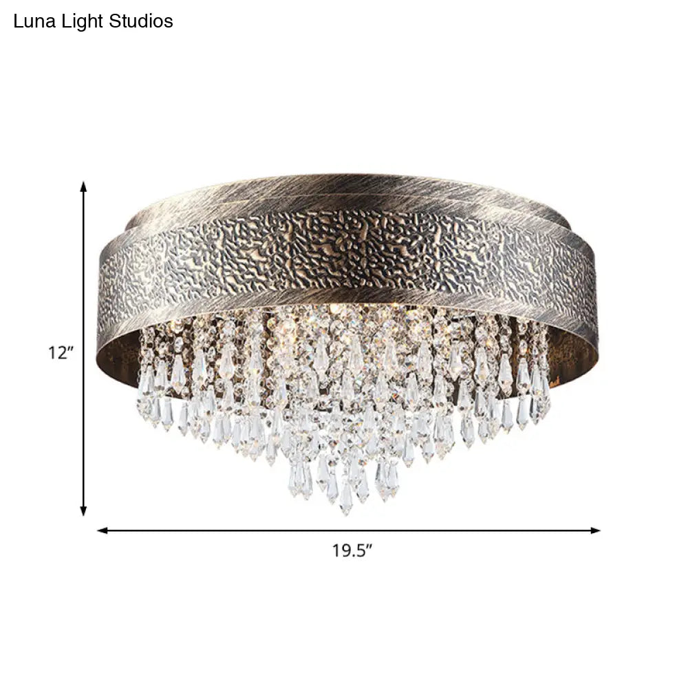 Antique Style Bronze Drum Flush Lamp With Crystal Accent 5/9 Light Iron Mount Ceiling -