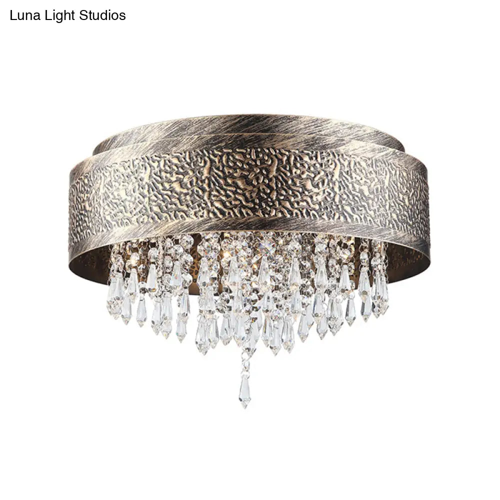 Antique Style Bronze Drum Flush Lamp With Crystal Accent 5/9 Light Iron Mount Ceiling -