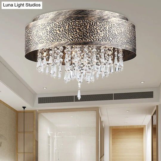 Antique Style Bronze Drum Flush Lamp With Crystal Accent 5/9 Light Iron Mount Ceiling - 16/19.5