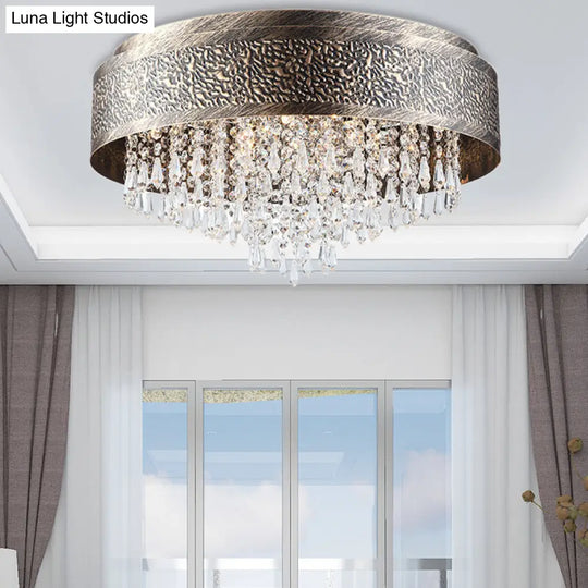 Antique Style Bronze Drum Flush Lamp With Crystal Accent 5/9 Light Iron Mount Ceiling - 16/19.5