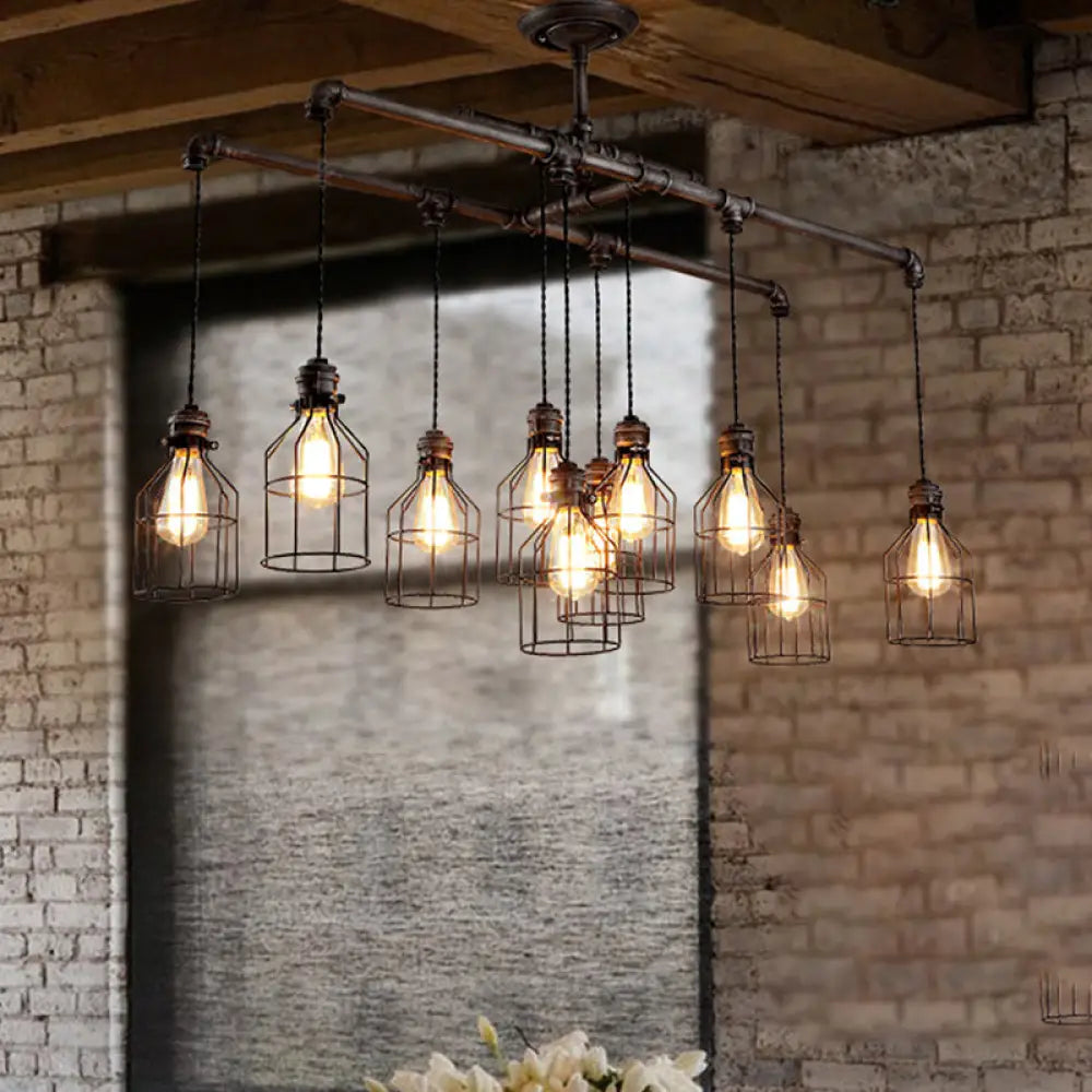 Antique Style Bronze Iron Pendant Light With 6/10 Bulb Cage Water Pipe Design - Ideal Island