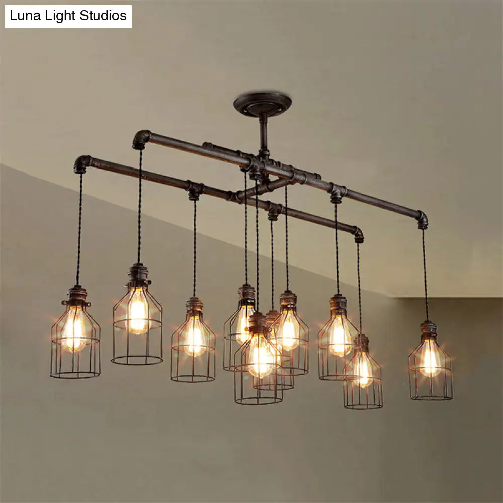 Antique Style Bronze Iron Pendant Light With 6/10 Bulb Cage Water Pipe Design - Ideal Island