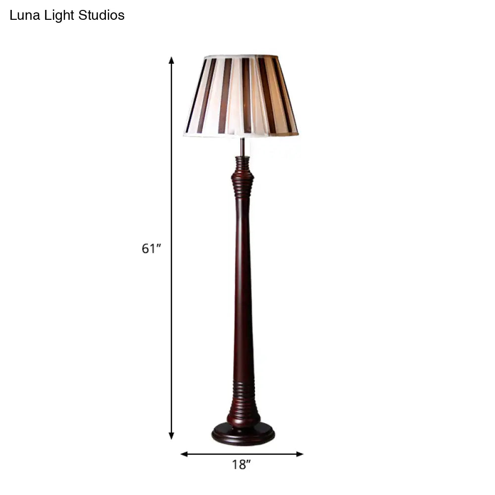 Antique Style Brown Standing Lamp - 1-Bulb Floor Light With Fabric Pleated Tapered Shade For Study