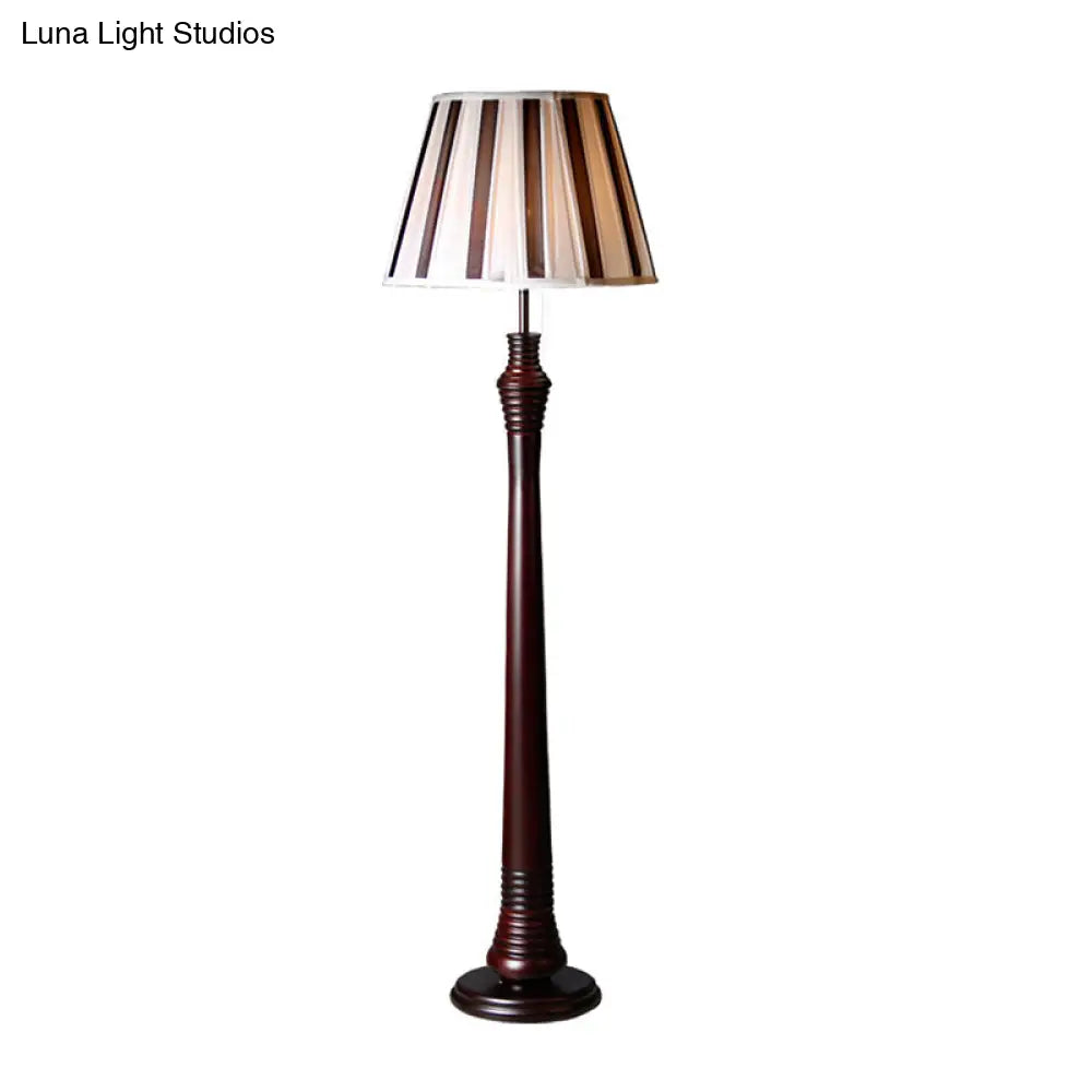 Antique Style Brown Standing Lamp - 1-Bulb Floor Light With Fabric Pleated Tapered Shade For Study