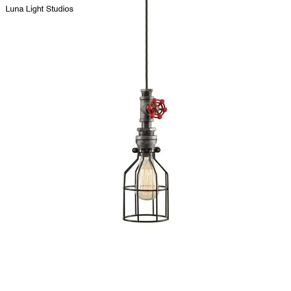 Antique Style Caged Pendant Light With Water Valve And Pipe - Grey Finish