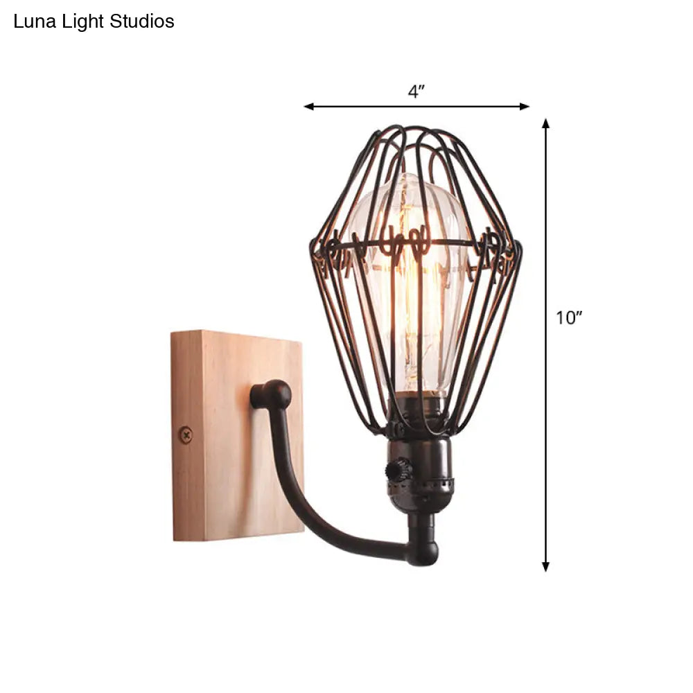 Antique Style Caged Wrought Iron Wall Lamp With Wooden Backplate - 1 Bulb Lighting In Black