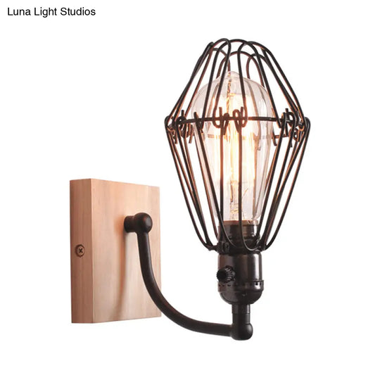 Antique Style Caged Wrought Iron Wall Lamp With Wooden Backplate - 1 Bulb Lighting In Black