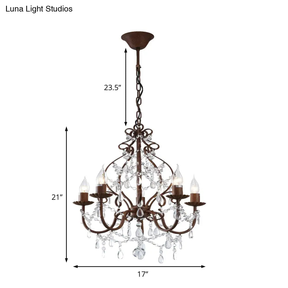 Antique Style Candle Pendant Chandelier Light With Clear Crystal Strands - 5 Lights Dark Rust