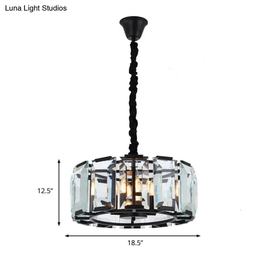 Antique Style Crystal Block Drum Ceiling Light Fixture - 4-Light Black Chandelier For Bedroom