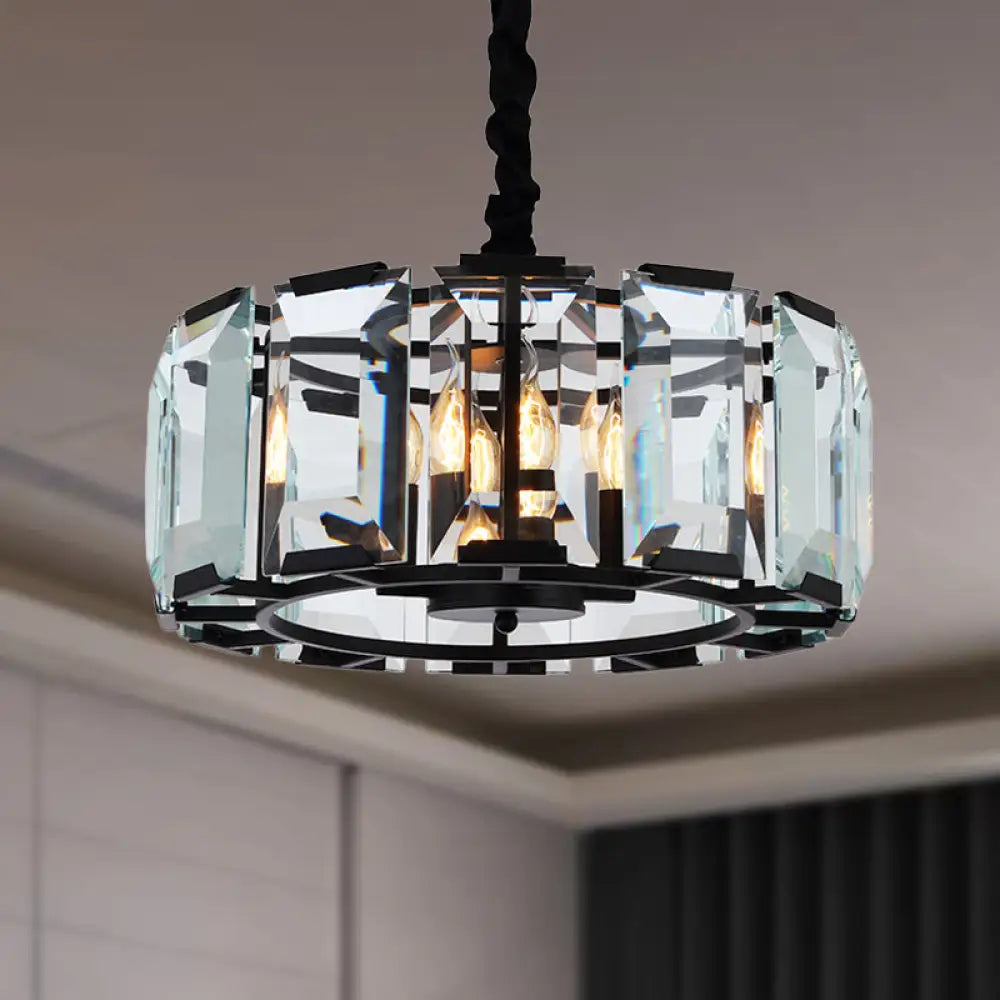 Antique Style Crystal Block Drum Ceiling Light Fixture - 4-Light Black Chandelier For Bedroom