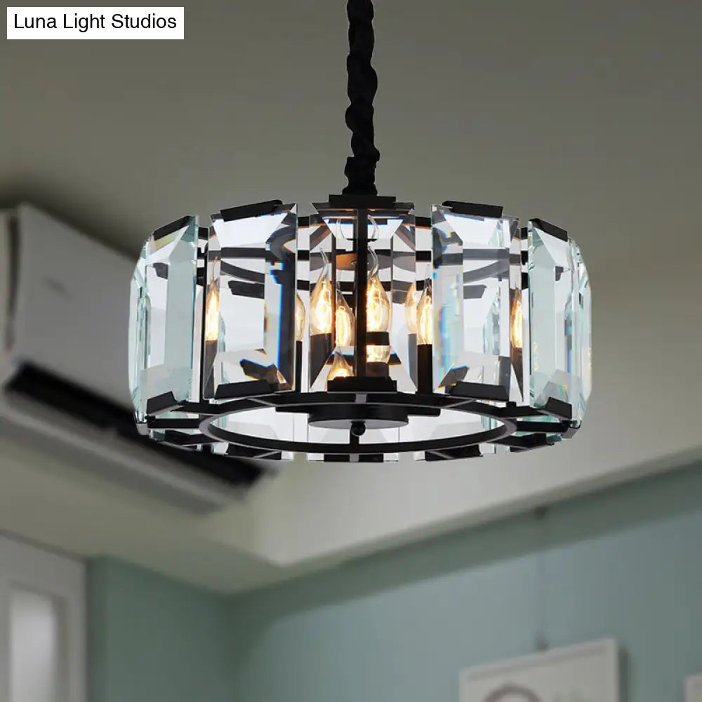 Antique Style Crystal Block Drum Ceiling Light Fixture - 4-Light Black Chandelier For Bedroom