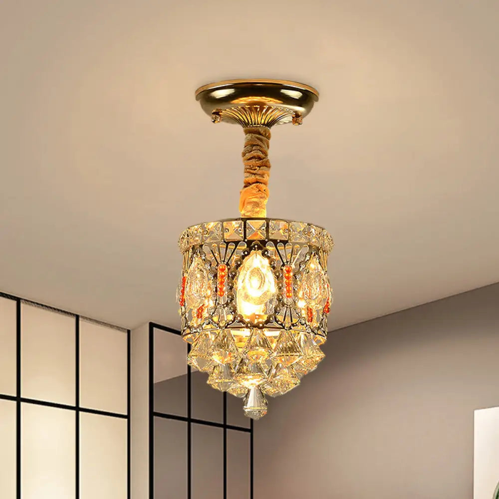 Antique Style Crystal Ceiling Light In Gold With Diamond Drops - Hallway Semi Flush Mount