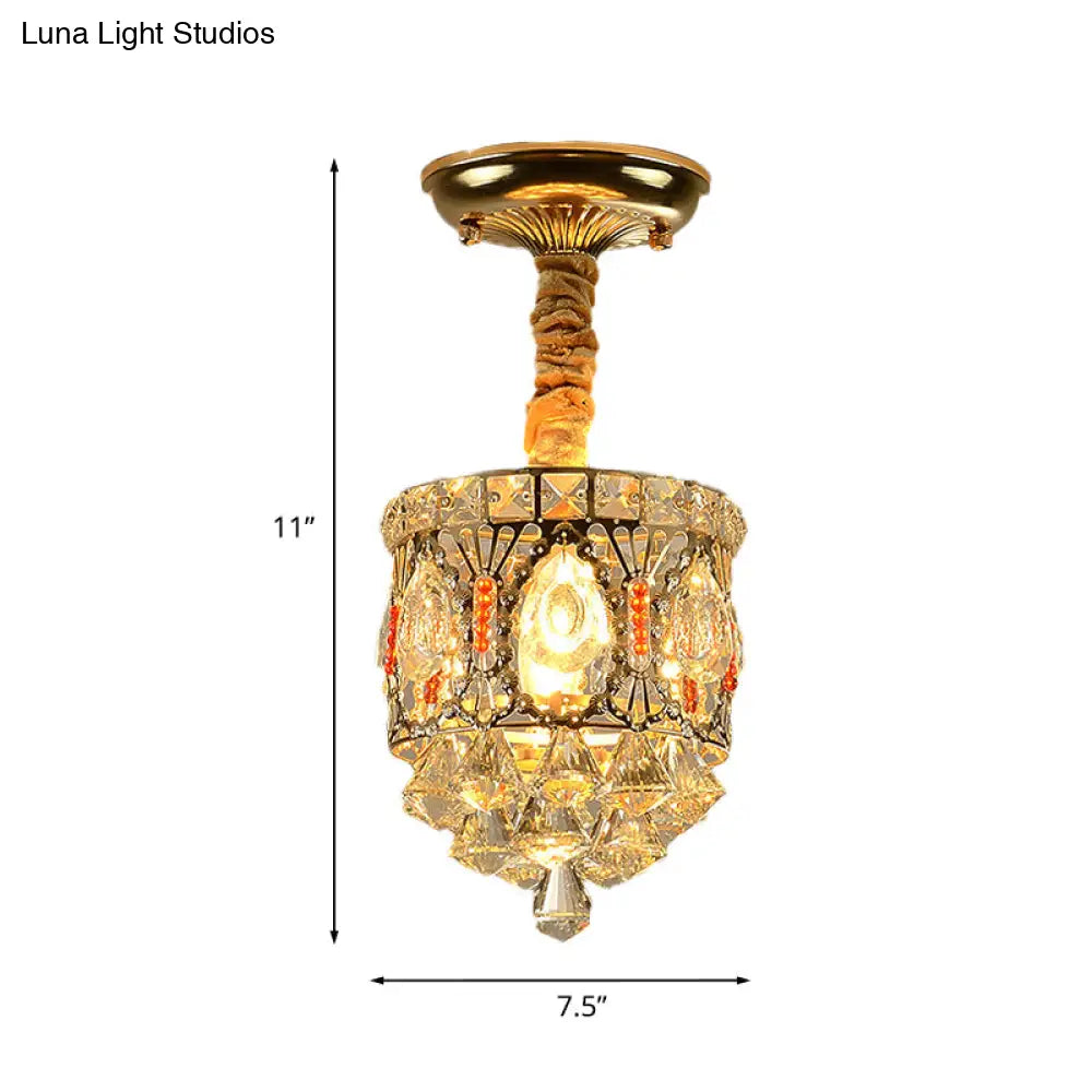 Antique Style Crystal Ceiling Light In Gold With Diamond Drops - Hallway Semi Flush Mount