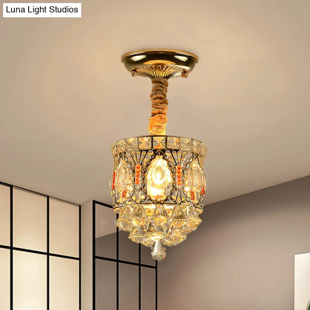Antique Style Crystal Ceiling Light In Gold With Diamond Drops - Hallway Semi Flush Mount