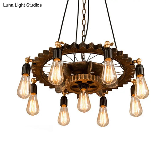 Antique Style Rust Metal Pendant Ceiling Light - 9 Lights Gear Design Fixture For Living Room