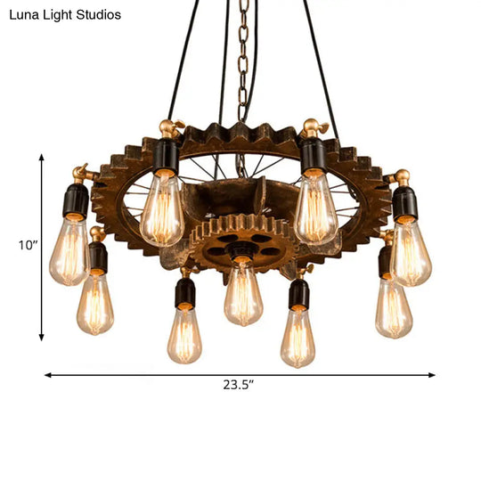 Antique Style Rust Metal Pendant Ceiling Light - 9 Lights Gear Design Fixture For Living Room