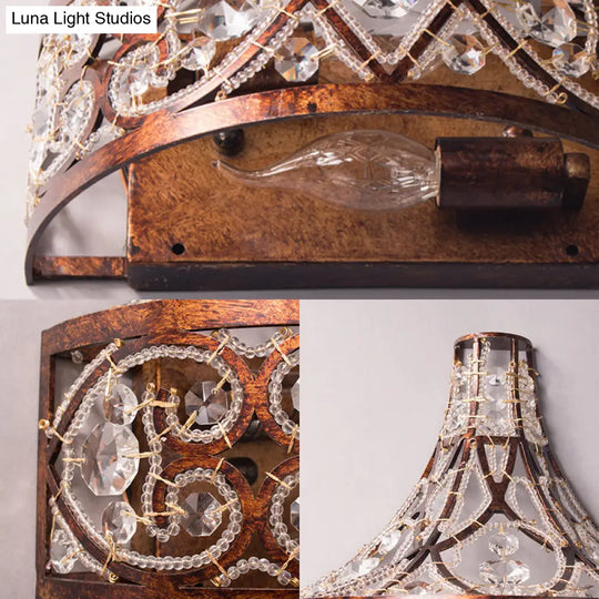 Antique Style Dark Rust Wall Lamp With Crystal Beads - 2-Light Drum Fixture For Corridor