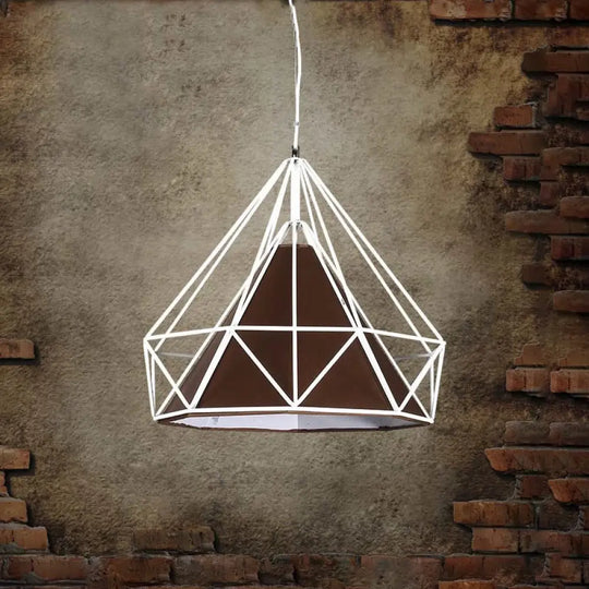 Antique Style Diamond Cage Hanging Light With Fabric Shade - White/Brown Metal Ceiling Fixture