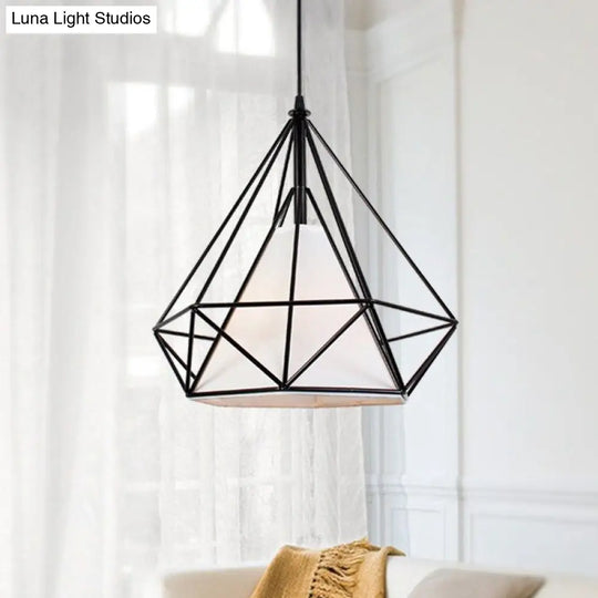 Antique Style Diamond Cage Hanging Light With Fabric Shade - White/Brown Metal Ceiling Fixture