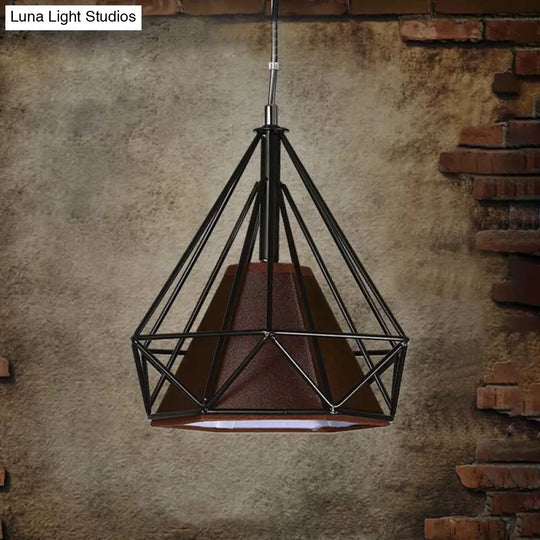 Antique Style Diamond Cage Hanging Light With Fabric Shade And Metal Ceiling Fixture Black-Brown /