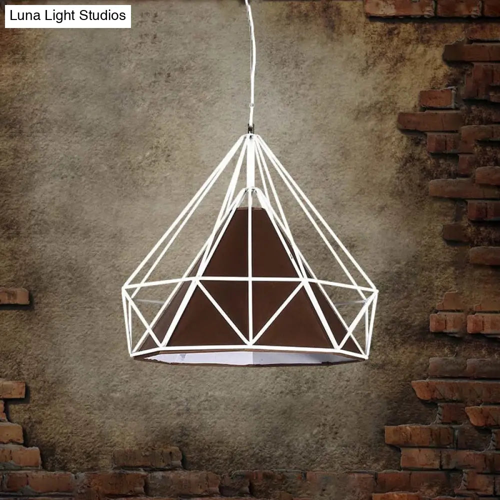 Antique Style Diamond Cage Hanging Light With Fabric Shade And Metal Ceiling Fixture White-Brown /
