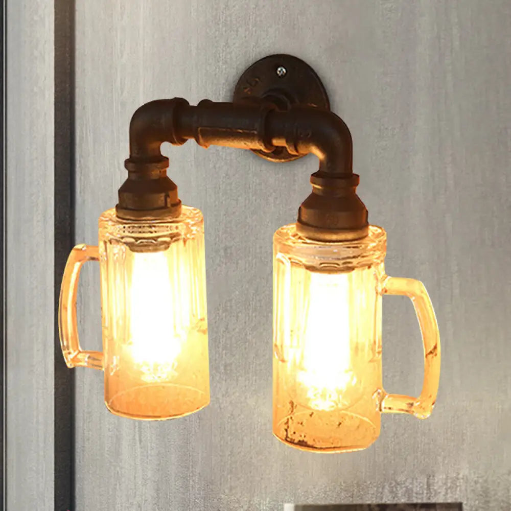 Antique Style Glass Beer Mug Wall Light With Water Pipe In Bronze/Black Black