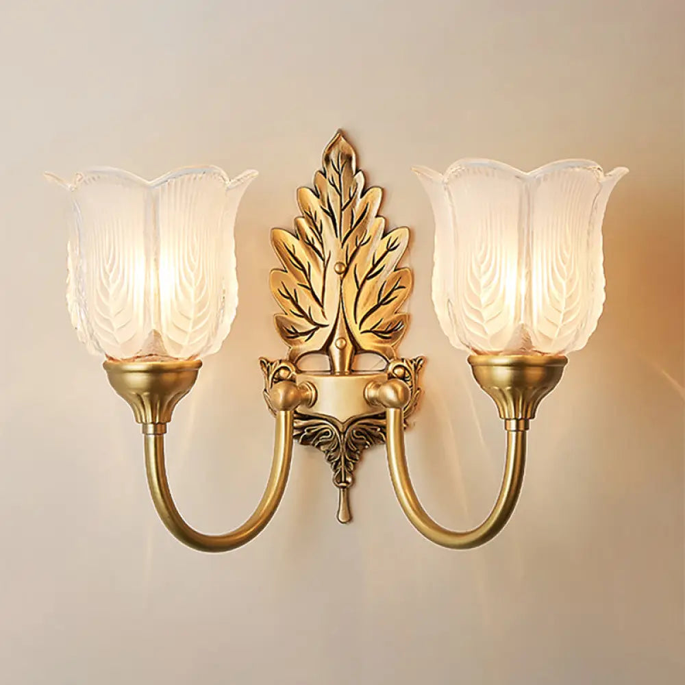 Antique Style Golden Leaf Wall Sconce With Frosted Glass Shade - Ideal For Bedroom Lighting 2 / Gold