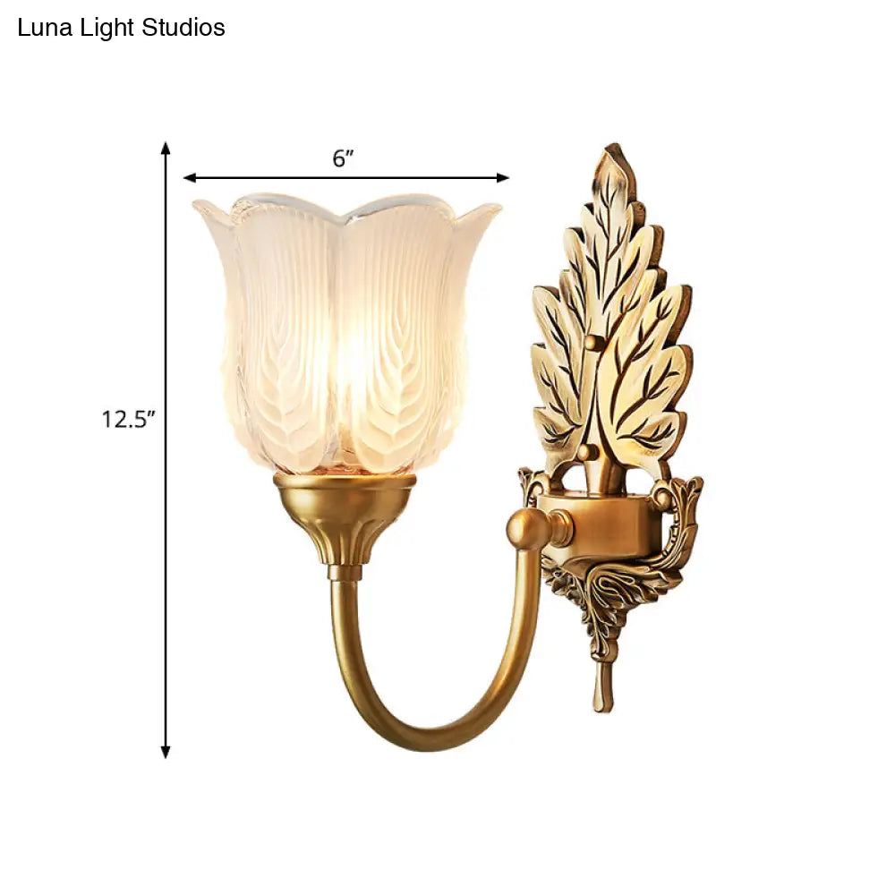 Antique Style Golden Leaf Wall Sconce With Frosted Glass Shade - Ideal For Bedroom Lighting