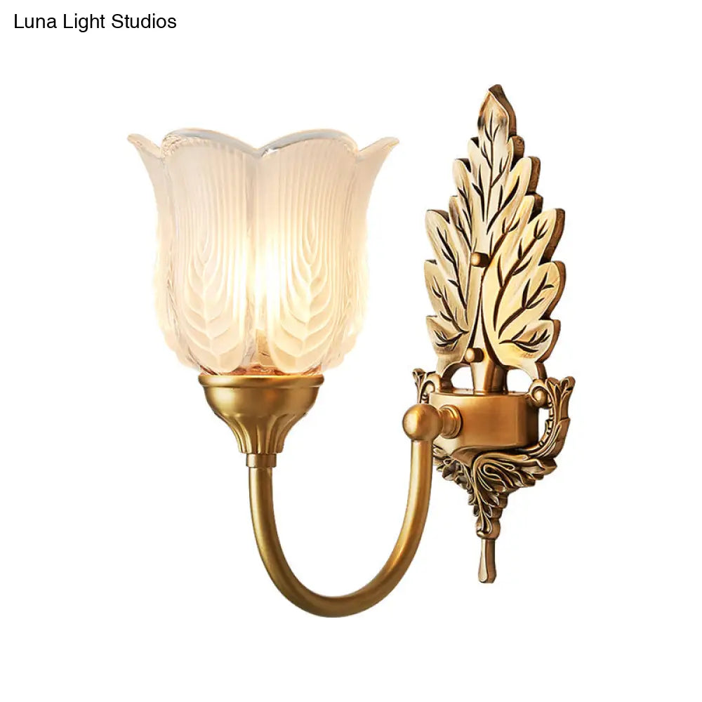 Antique Style Golden Leaf Wall Sconce With Frosted Glass Shade - Ideal For Bedroom Lighting